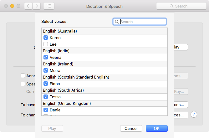 The customize voices panel in the Dictation & Speech pane in System Preferences