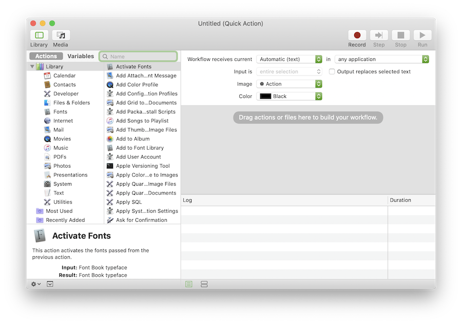 New Workflow Window for a Quick Action in Finder